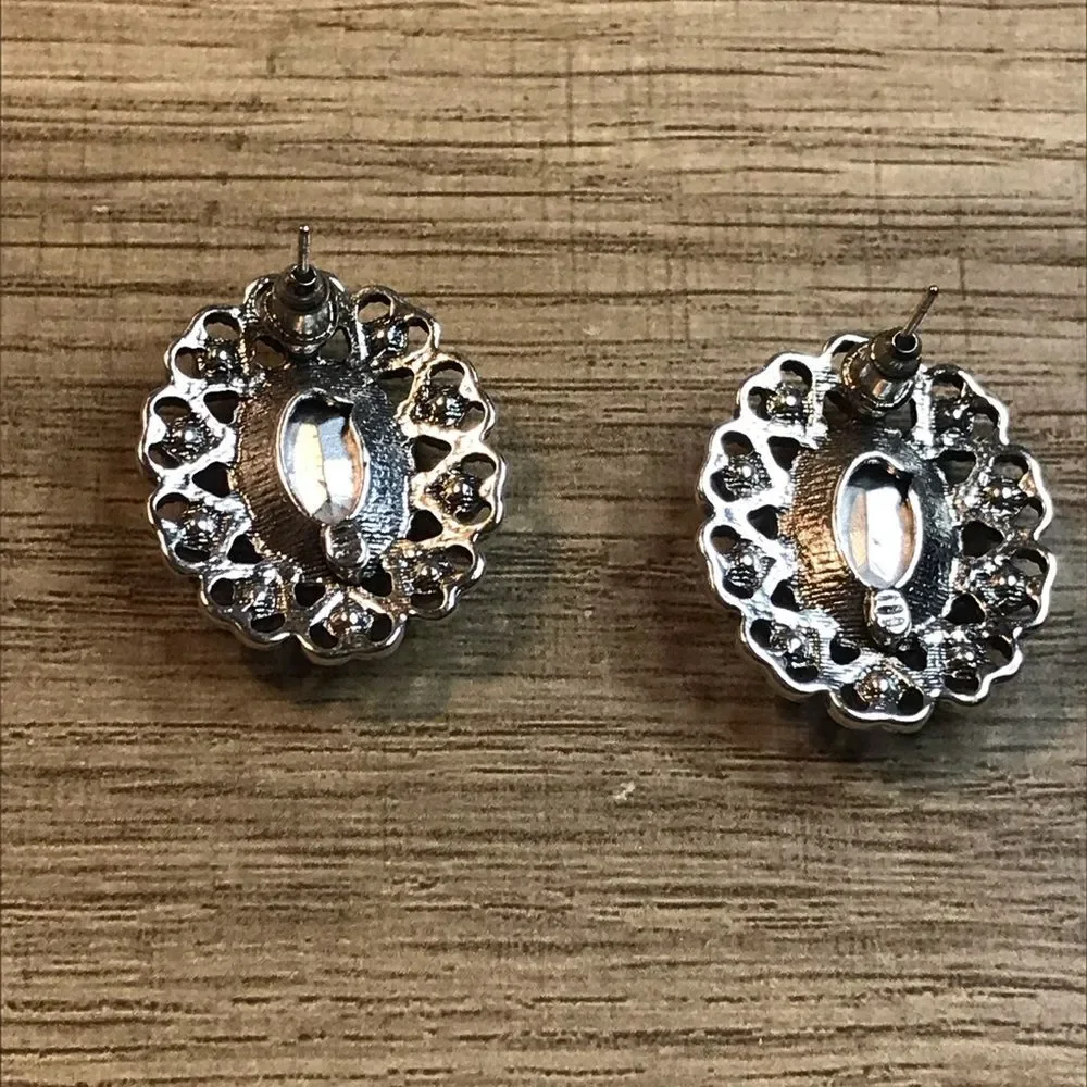 Vintage Victorian Blue Oval Silver Heart Rhinestone Earrings